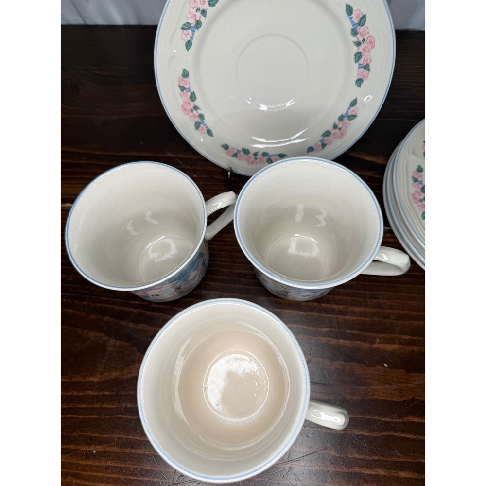 VTG Tienshan Stoneware Pig Pal Tea Set 4 Mugs 4 Saucers Country Farmhouse - Picture 4 of 14